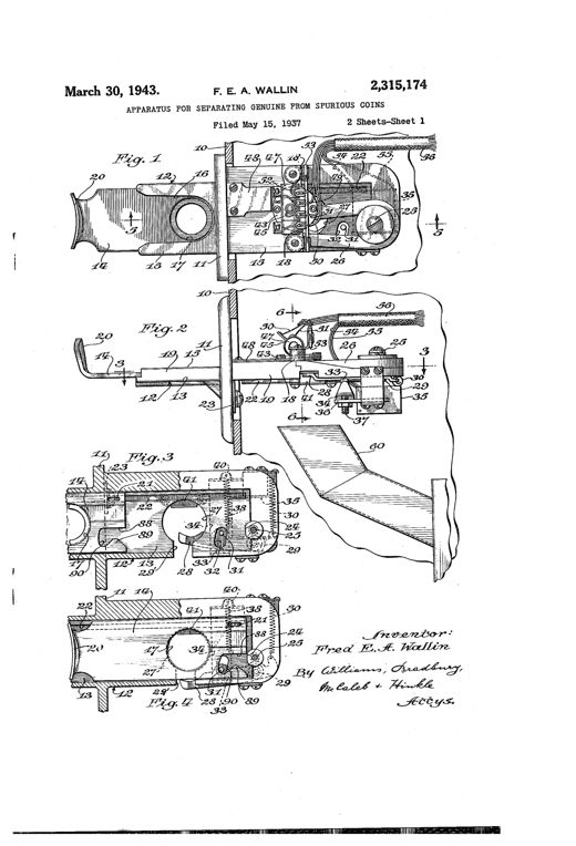 Mechanical drawings of a coin slide apparatus showing a sliding plate with a coin pocket, an obstructing member, electromagnet, heated contact assembly, and a wiring schematic connecting to a relay and transformer circuit.