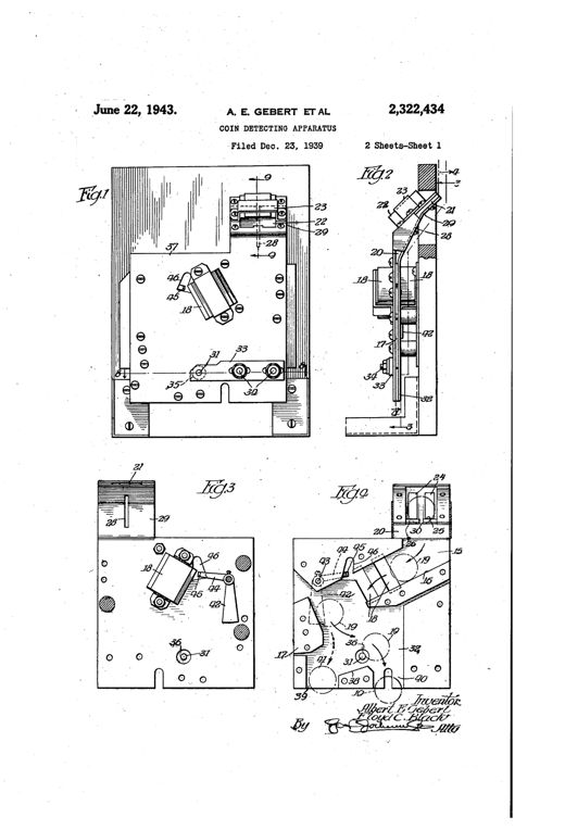Patent drawing of a vending machine coin detector showing an inclined coin chute with a magnet, a bounding block, a pivoting pin, and a coin entrance slot with magnetic slug trap, illustrated across multiple mechanical elevation and sectional views.