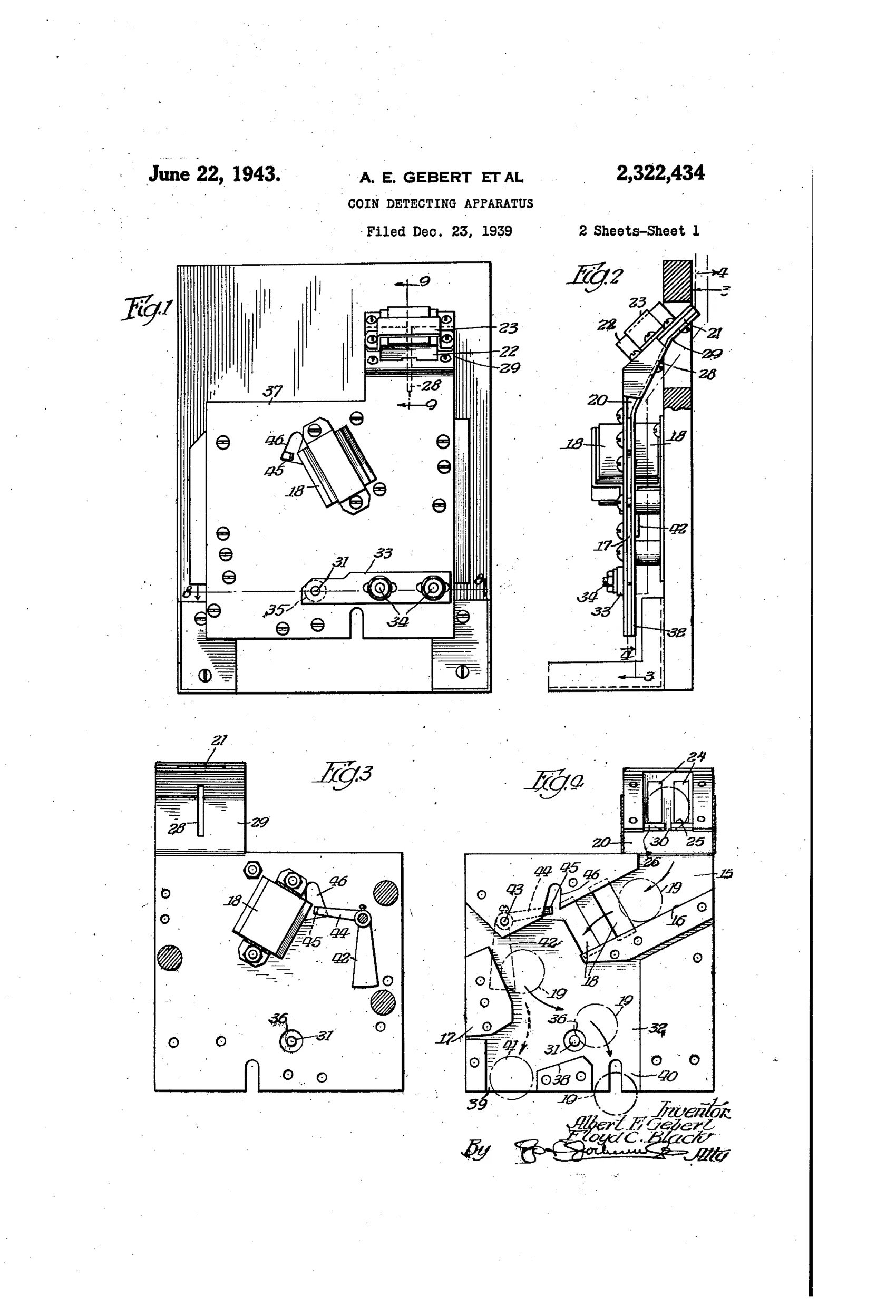 Patent drawing of a vending machine coin detector showing an inclined coin chute with a magnet, a bounding block, a pivoting pin, and a coin entrance slot with magnetic slug trap, illustrated across multiple mechanical elevation and sectional views.