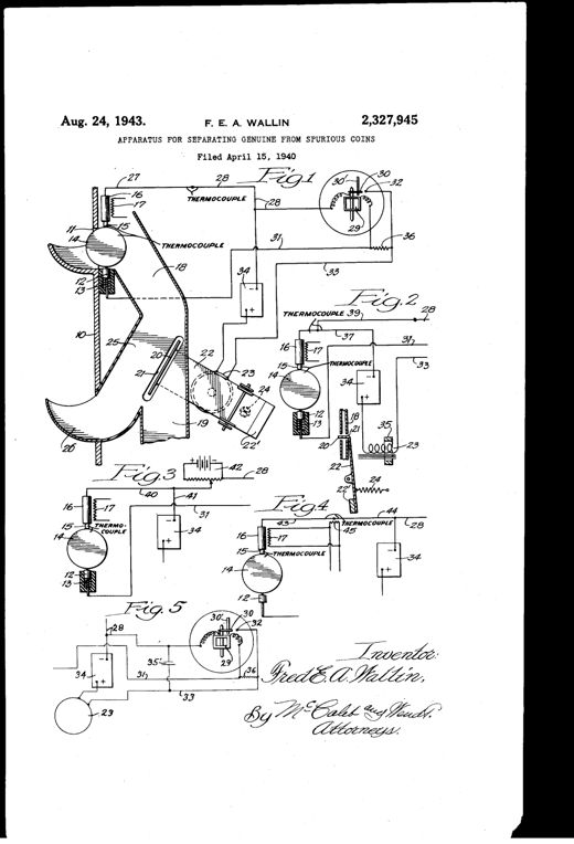 Patent drawing showing a coin slot and chute mechanism with heated and unheated contacts, an electromagnet-controlled gate, and accompanying wiring diagrams labeled Fig. 1 through Fig. 5 depicting thermocouple circuits, relays, batteries, and resistors used to distinguish genuine coins from slugs.