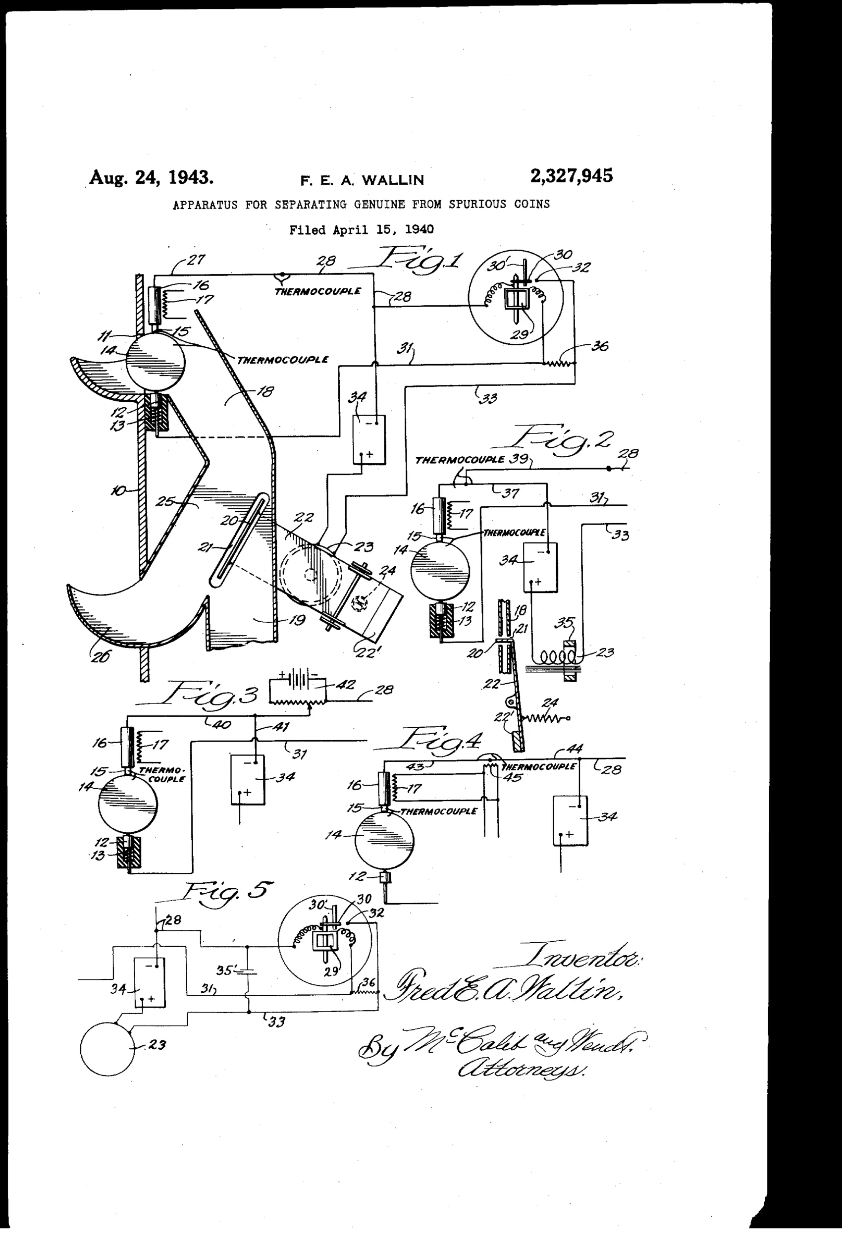 Patent drawing showing a coin slot and chute mechanism with heated and unheated contacts, an electromagnet-controlled gate, and accompanying wiring diagrams labeled Fig. 1 through Fig. 5 depicting thermocouple circuits, relays, batteries, and resistors used to distinguish genuine coins from slugs.