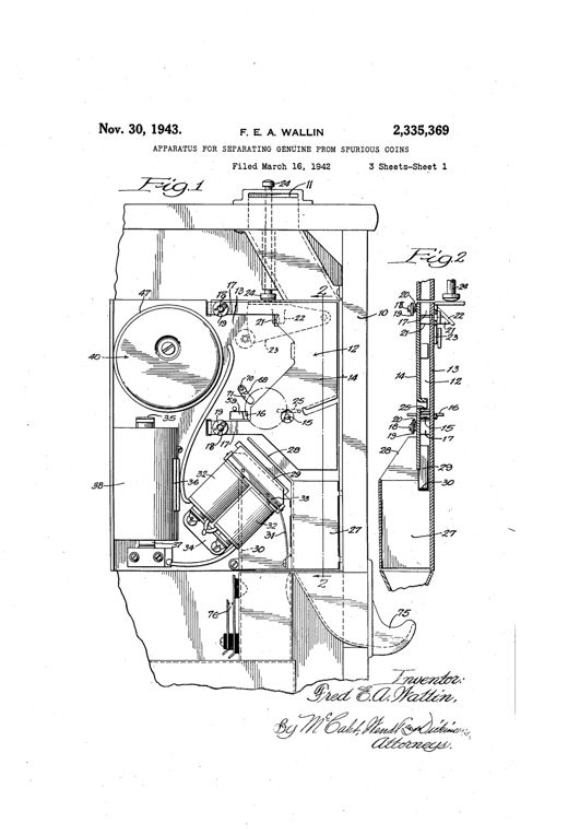 Patent drawing of a coin-testing mechanism inside a vending machine housing, showing a chute with pins, a solenoid, gears, a heater resistor, and wiring leading to a plug, alongside a wiring diagram and perspective view of the heated contact assembly.