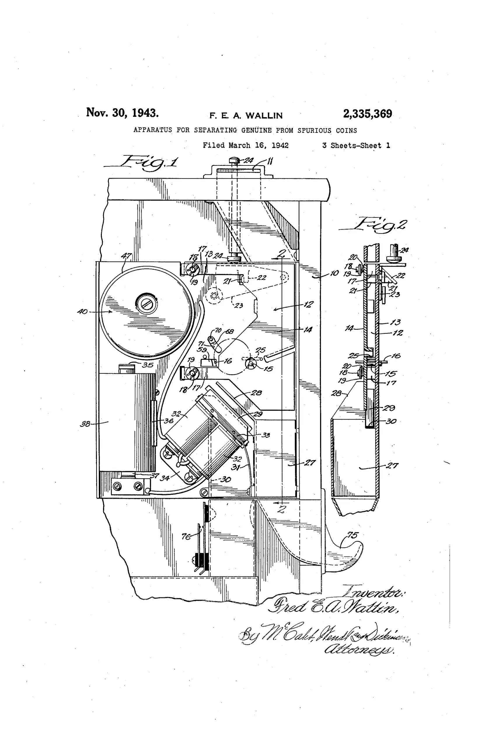 Patent drawing of a coin-testing mechanism inside a vending machine housing, showing a chute with pins, a solenoid, gears, a heater resistor, and wiring leading to a plug, alongside a wiring diagram and perspective view of the heated contact assembly.
