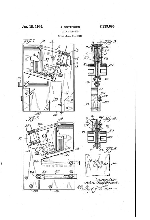 Patent drawing showing a vending-machine coin selector plate with sloping coin runways, pivoted gates, permanent magnet assemblies, and a pivoted abutment, alongside a signed inventor's certification for John Gottfried.