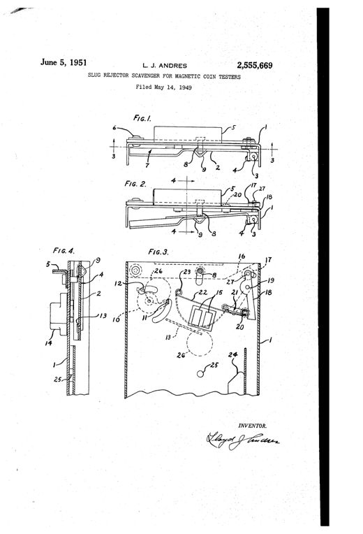 Mechanical line drawings of a coin slug rejector showing a hinged gate, sloping runway, permanent magnet poles, and a flat scavenger spring with actuating lever mounted in a rectangular frame, plus a side elevation and internal cross-section revealing the pivot linkages and coin path.