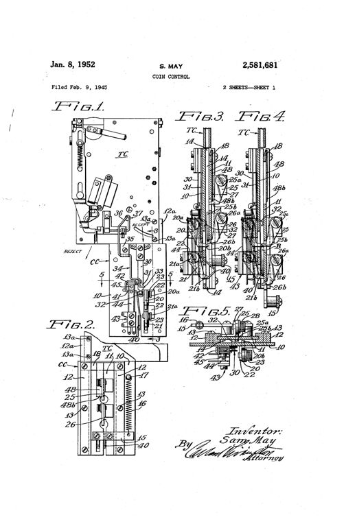 Patent drawing sheets showing a vertical coin testing chute with a sliding plate mechanism featuring spring-loaded pivoted dogs, guide bars, and switch levers labeled TC, CC, and numbered parts, alongside a schematic circuit diagram connecting the coin control unit to three vending selector units.