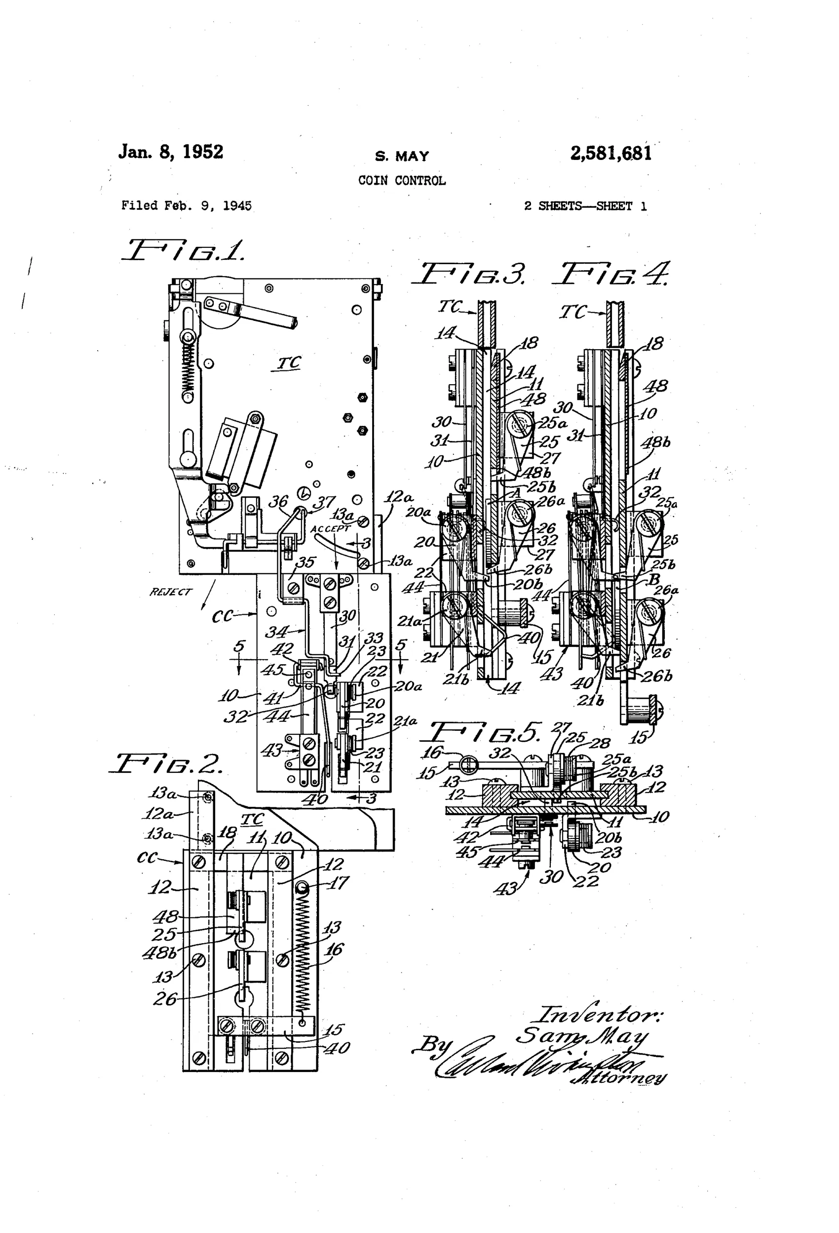Patent drawing sheets showing a vertical coin testing chute with a sliding plate mechanism featuring spring-loaded pivoted dogs, guide bars, and switch levers labeled TC, CC, and numbered parts, alongside a schematic circuit diagram connecting the coin control unit to three vending selector units.