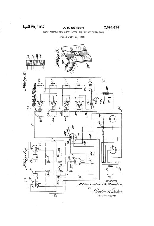 Patent drawing showing a coil assembly with windings, a coin-receiving panel with sliding pins, and a detailed vacuum tube relay circuit diagram with multiple coils, resistors, and relay contacts labeled with reference numbers.