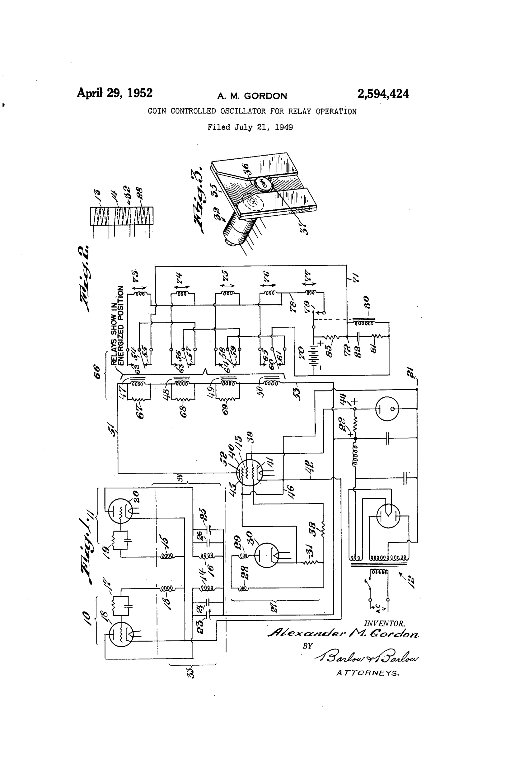 Patent drawing showing a coil assembly with windings, a coin-receiving panel with sliding pins, and a detailed vacuum tube relay circuit diagram with multiple coils, resistors, and relay contacts labeled with reference numbers.
