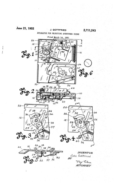 Mechanical drawing of a coin separator gate showing a pivoted weighted feeler, rotating coin-sizing cradle with projections, runway, magnet, anvil, deflectors, and rejected coin chute, with numbered parts 10 through 68 and inset cross-sections labeled Figs. 1 through 6.