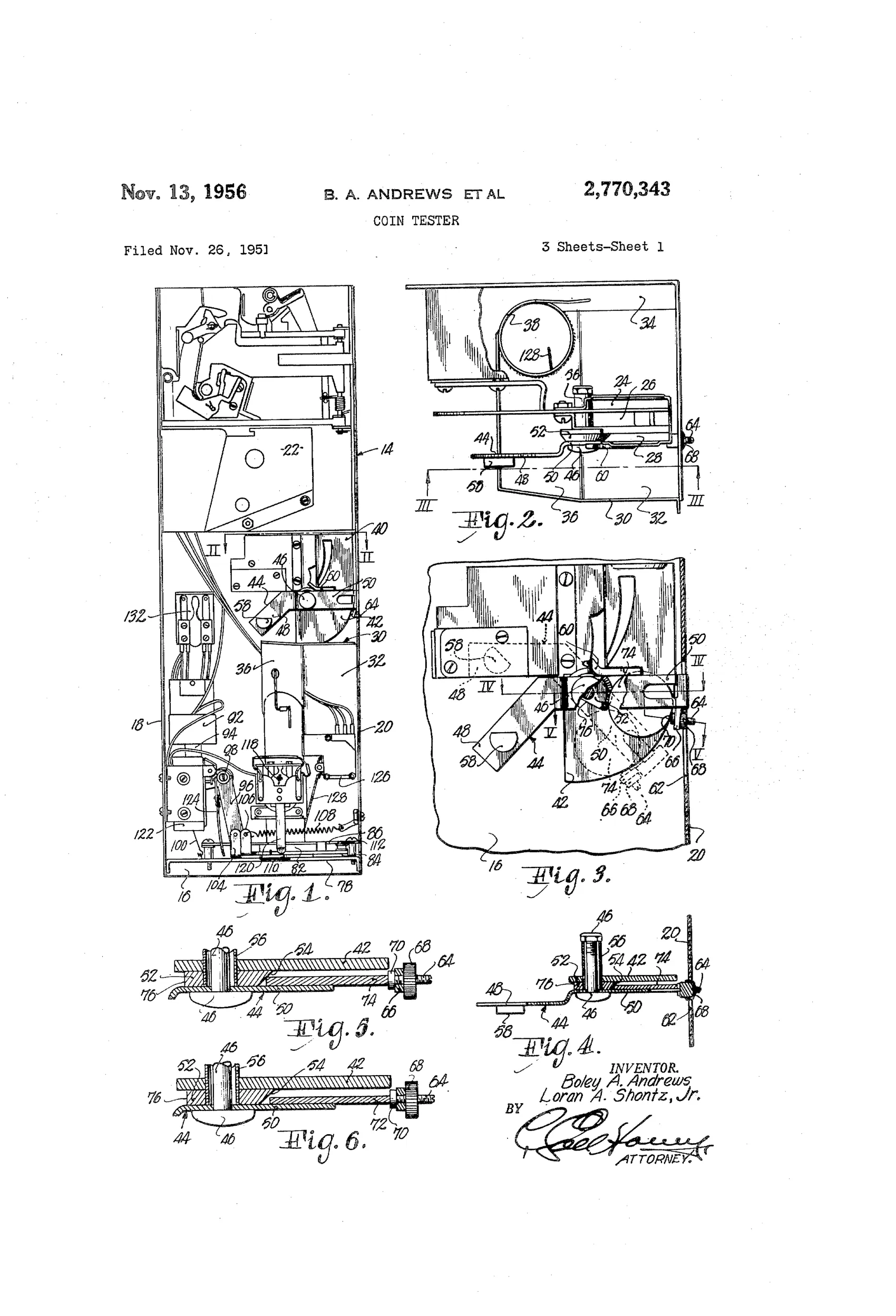 Technical patent drawing of a vending machine coin tester showing a U-shaped case with chutes, a pivoting arm with a beveled disc, reciprocable plates, an electromagnet and solenoid linkage, and a vertical nickel supply tube, with numbered reference lines throughout.