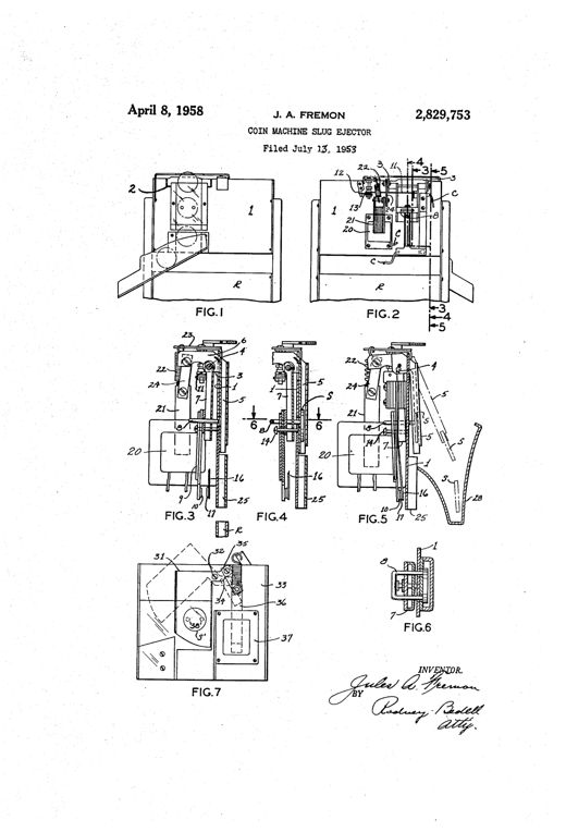 Patent drawing of a coin machine slug ejector showing front and rear views of a boxy mechanism with a pivoted coin chute, horseshoe magnet, solenoid, and switch blades, plus detailed sectional views labeled FIG.1 through FIG.7 with numbered parts and an inventor's signature.